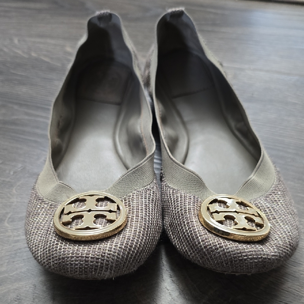 Tory Burch Tan Flats with Gold Logo & Sparkels - Picture 3 of 9
